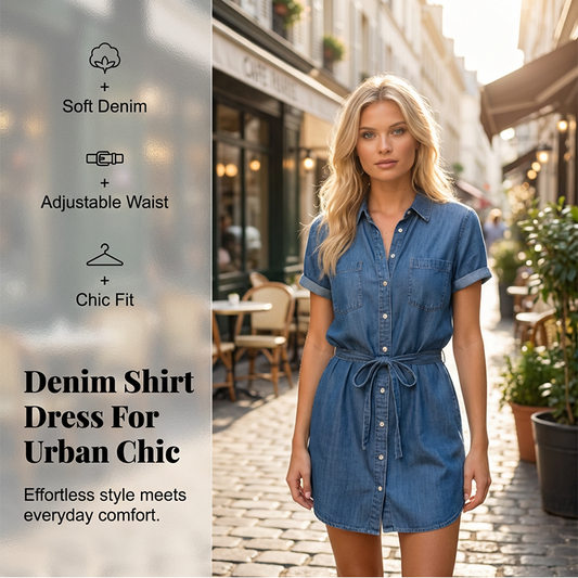 Robe chemise décontractée en jean pour femme, avec cordon de serrage à la taille