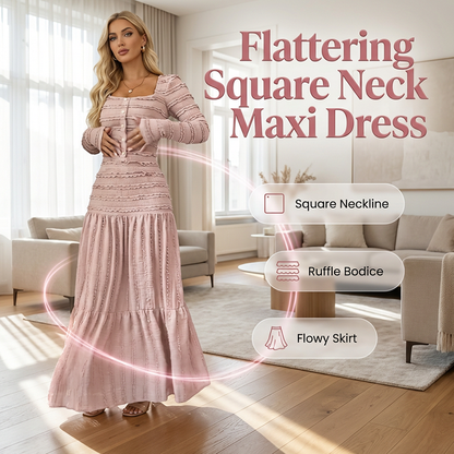 💎 50 % DE RÉDUCTION SUR LA ROBE LONGUE À MOTIFS FLORAUX ! 💎 Encolure carrée, corsage froncé et bordure à volants pour un look chic et décontracté ✨