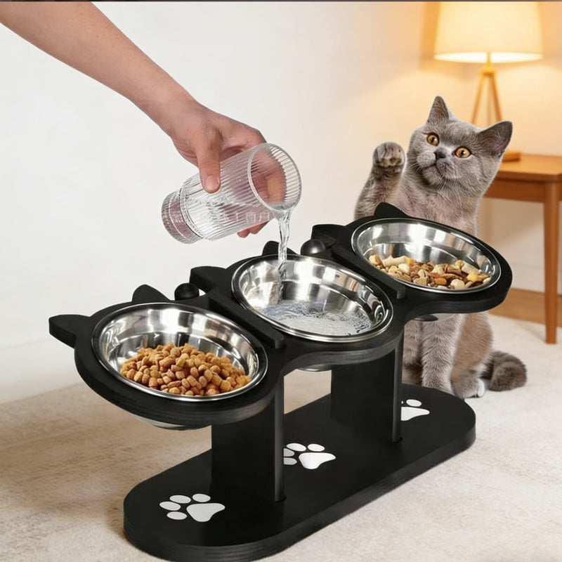 🐾 Mangeoire surélevée antidérapante avec 3 gamelles pour animaux de compagnie | Protection de la colonne vertébrale – avec base antidérapante