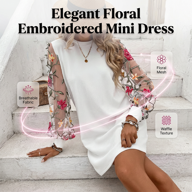 👗🌸☀️ PROMO -50% ! Robe à Manches en Maille Brodée de Fleurs pour Femme – Design Romantique, Tissu Léger & Parfaite pour les Journées Ensoleillées (Blanc/Noir, S-5XL)