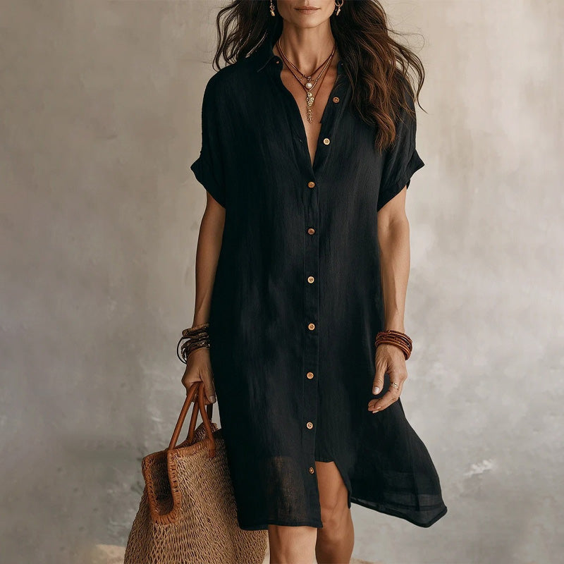 🌸 Robe courte boutonnée en coton et lin pour femme ✨ Un indispensable de votre nouvelle garde-robe