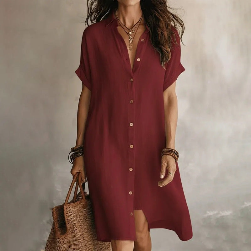 🌸 Robe courte boutonnée en coton et lin pour femme ✨ Un indispensable de votre nouvelle garde-robe
