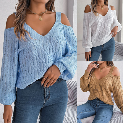 Pull à col en V et épaules dénudées en maille torsadée pour femme