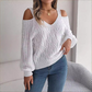 Pull à col en V et épaules dénudées en maille torsadée pour femme