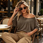 👕 50% DE RÉDUCTION ✨ T-shirt femme à épaules dénudées & manches courtes – Coupe ample & tissu léger – Style décontracté, disponible en gris/noir/marron, tailles S-XL – parfait pour l’été 🌸