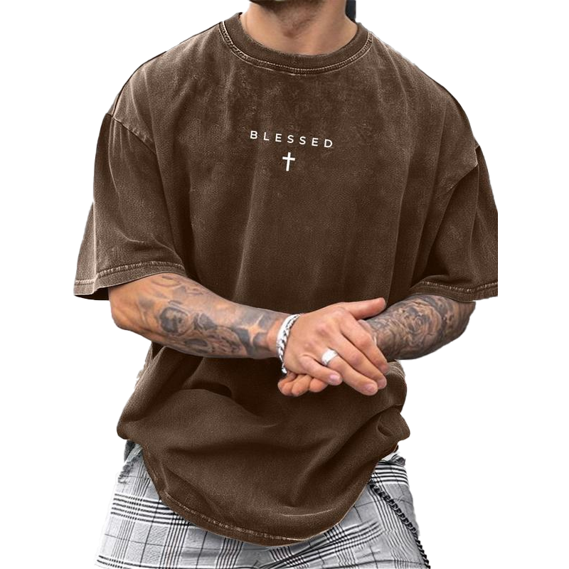 👕✝️ -50 % T-shirt vintage homme avec imprimé croix et lettres – Décontracté, expressif et avec une touche personnelle ✨
