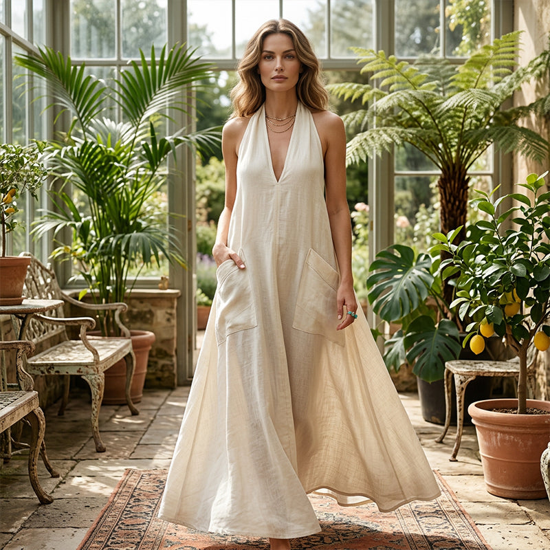👗 OFFRE À DURÉE LIMITÉE : 50 % DE RÉDUCTION ! 💃 Robe midi décontractée à col en V et dos nu pour femme – Tissu fluide, poches plaquées, respirante 🍂