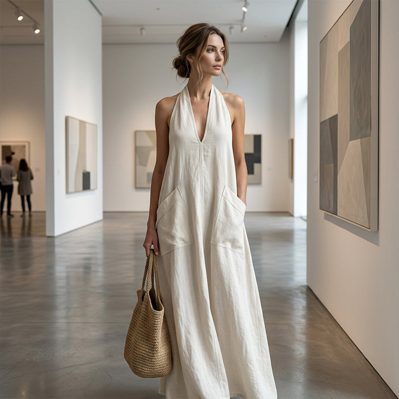 👗 OFFRE À DURÉE LIMITÉE : 50 % DE RÉDUCTION ! 💃 Robe midi décontractée à col en V et dos nu pour femme – Tissu fluide, poches plaquées, respirante 🍂