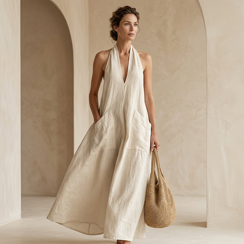 👗 OFFRE À DURÉE LIMITÉE : 50 % DE RÉDUCTION ! 💃 Robe midi décontractée à col en V et dos nu pour femme – Tissu fluide, poches plaquées, respirante 🍂