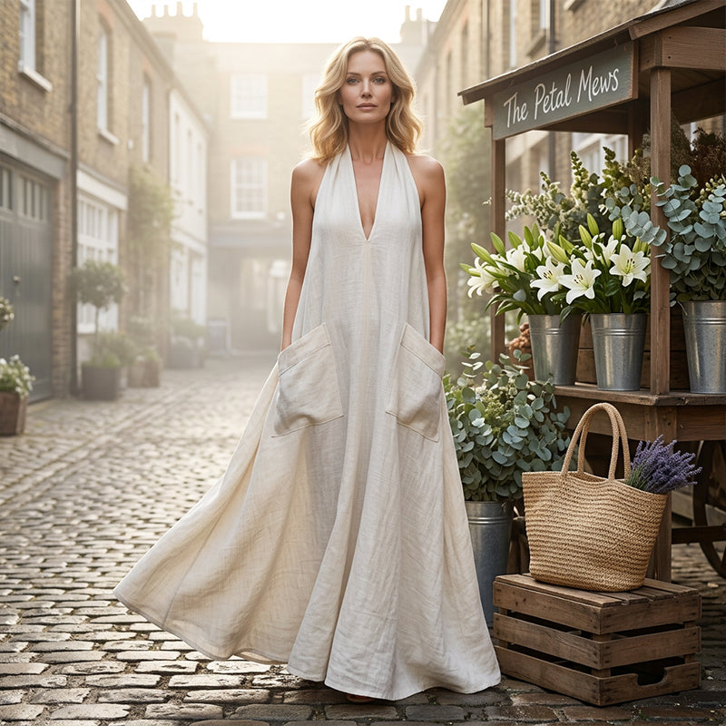 👗 OFFRE À DURÉE LIMITÉE : 50 % DE RÉDUCTION ! 💃 Robe midi décontractée à col en V et dos nu pour femme – Tissu fluide, poches plaquées, respirante 🍂