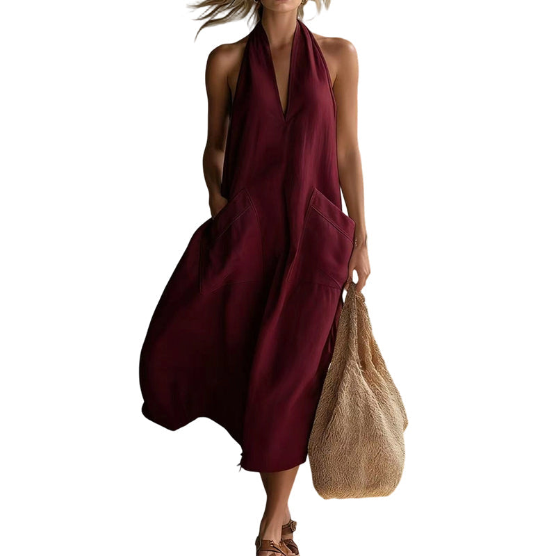 👗 OFFRE À DURÉE LIMITÉE : 50 % DE RÉDUCTION ! 💃 Robe midi décontractée à col en V et dos nu pour femme – Tissu fluide, poches plaquées, respirante 🍂