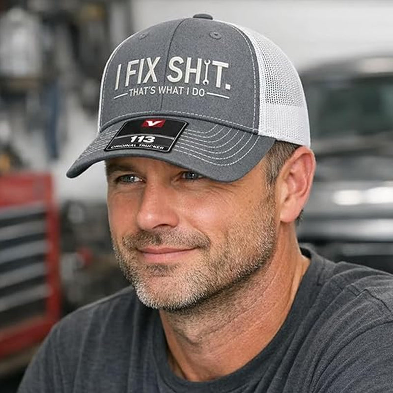 🔥🧢☀️ NOUVEAUTÉS 2026 -50% ! Casquette Trucker Brodée "I Fix Shit" – Dos Maille Respirant, Anti-UV (Noir/Gris/Orange)
