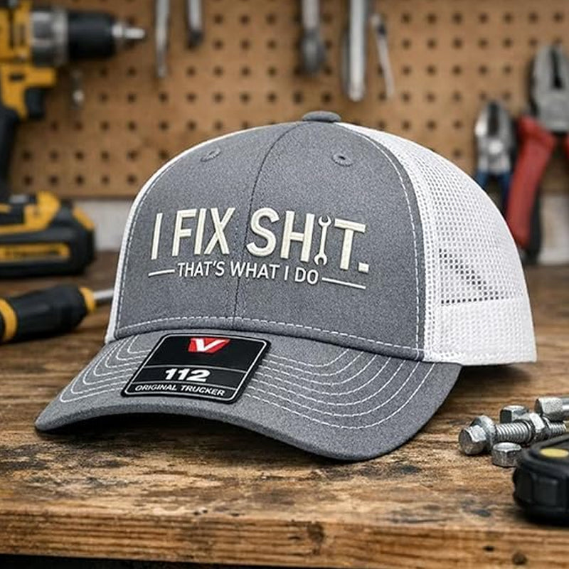 🔥🧢☀️ NOUVEAUTÉS 2026 -50% ! Casquette Trucker Brodée "I Fix Shit" – Dos Maille Respirant, Anti-UV (Noir/Gris/Orange)