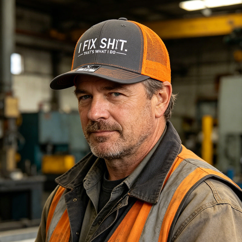 🔥🧢☀️ NOUVEAUTÉS 2026 -50% ! Casquette Trucker Brodée "I Fix Shit" – Dos Maille Respirant, Anti-UV (Noir/Gris/Orange)