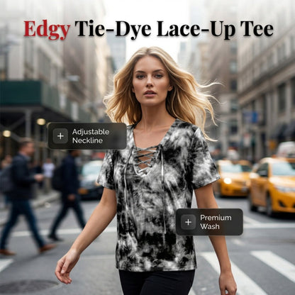 🔥T-shirt à col en V et lacets pour femme, effet tie-dye✈️