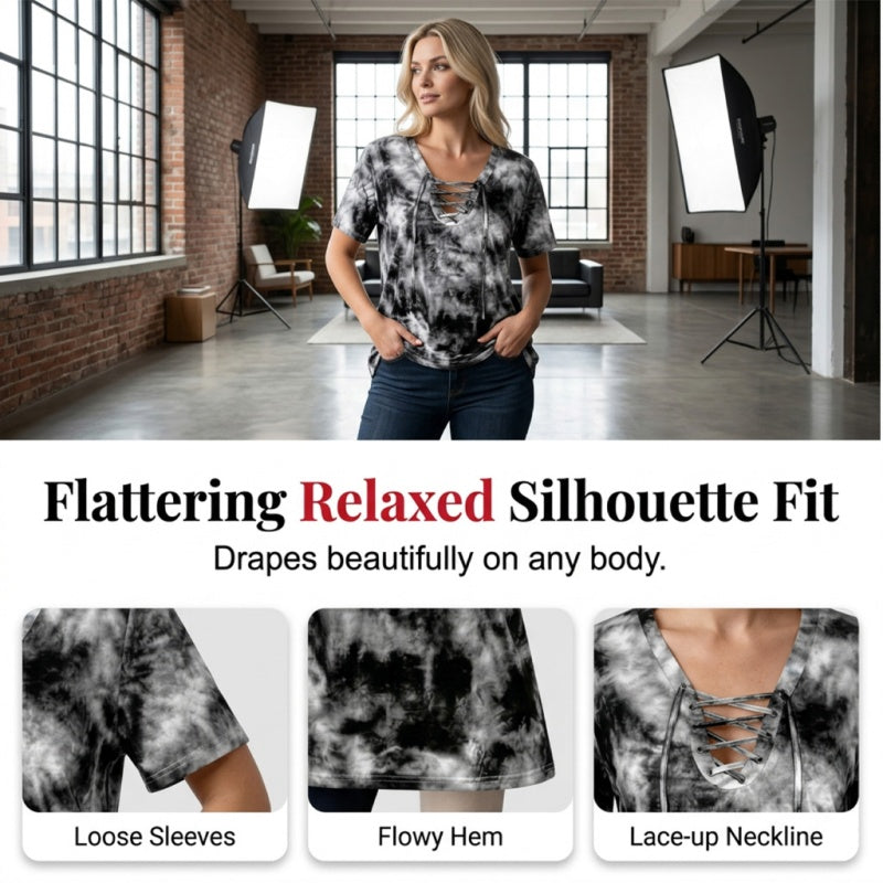 🔥T-shirt à col en V et lacets pour femme, effet tie-dye✈️