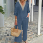 Haut à col en V et pantalon à jambes larges pour femme