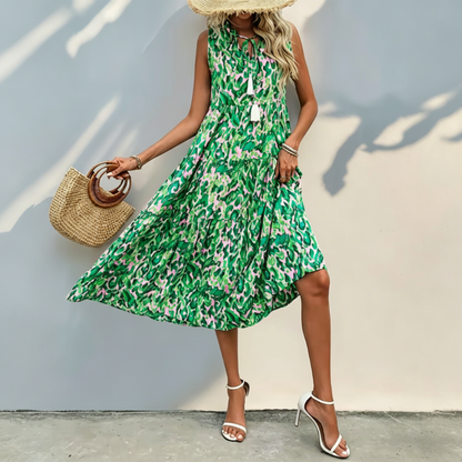 👗 50 % DE RÉDUCTION EN CE MOMENT ! 🌸 Robe midi à volants sans manches pour femme, imprimé abstrait – Coupe fluide, motif unique, idéale pour la plage, un brunch ou une sortie ☀️