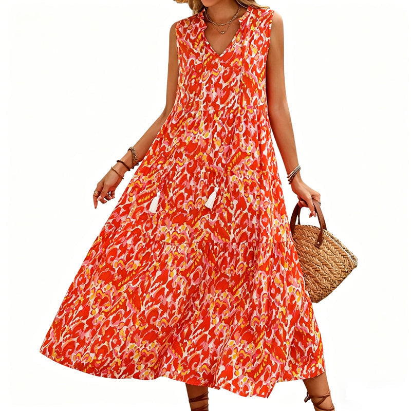 👗 50 % DE RÉDUCTION EN CE MOMENT ! 🌸 Robe midi à volants sans manches pour femme, imprimé abstrait – Coupe fluide, motif unique, idéale pour la plage, un brunch ou une sortie ☀️