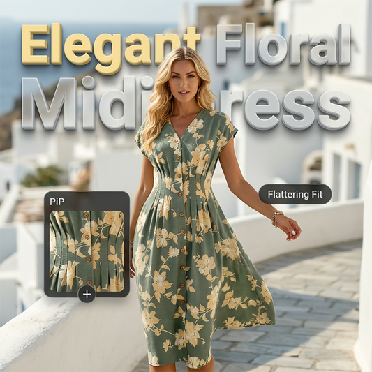 Robe mi-longue à col en V et imprimé floral pour femme, avec boutons