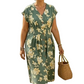 Robe mi-longue à col en V et imprimé floral pour femme, avec boutons