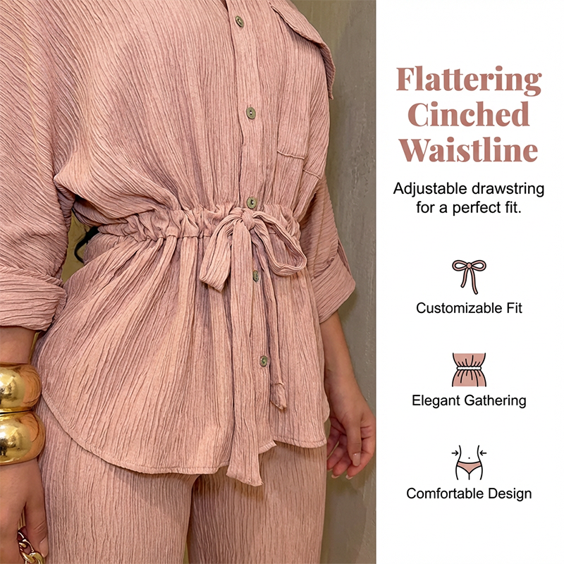 🎀 50 % DE RÉDUCTION MAINTENANT ! 👖 Ensemble chemise à cordon de serrage et pantalon large pour femme – taille ajustable, pantalon fluide et tissu texturé 🌿