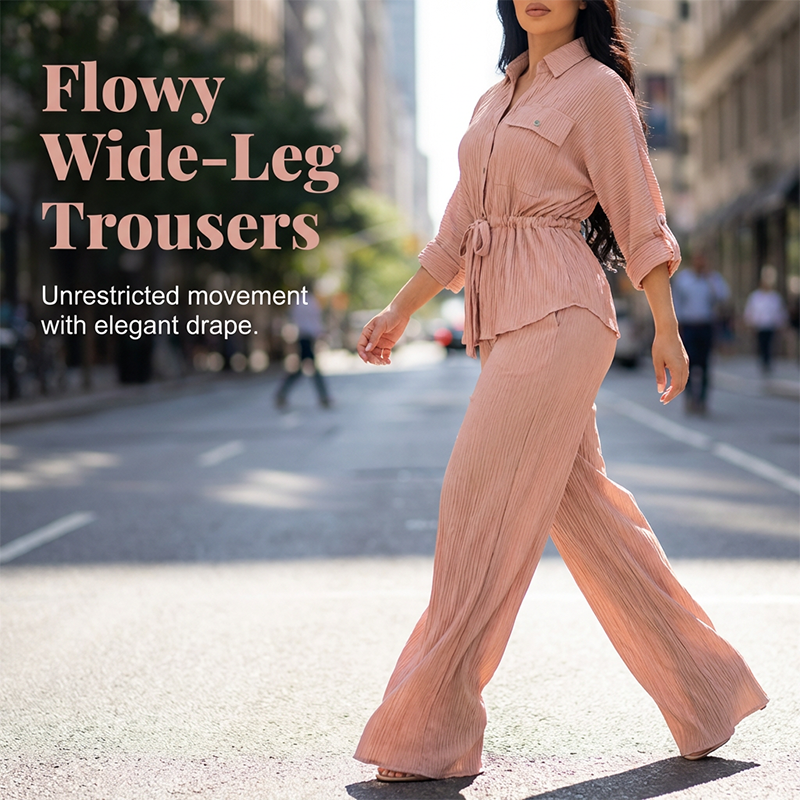🎀 50 % DE RÉDUCTION MAINTENANT ! 👖 Ensemble chemise à cordon de serrage et pantalon large pour femme – taille ajustable, pantalon fluide et tissu texturé 🌿