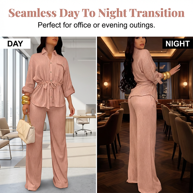 🎀 50 % DE RÉDUCTION MAINTENANT ! 👖 Ensemble chemise à cordon de serrage et pantalon large pour femme – taille ajustable, pantalon fluide et tissu texturé 🌿