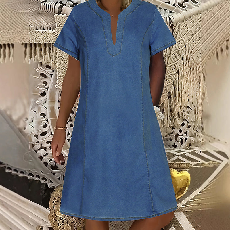 👗✨ OFFRE LIMITÉE -50% ! Robe en Denim pour Femmes – Col en V, Manches Courtes, Coupe Décontractée, Multi Tailles