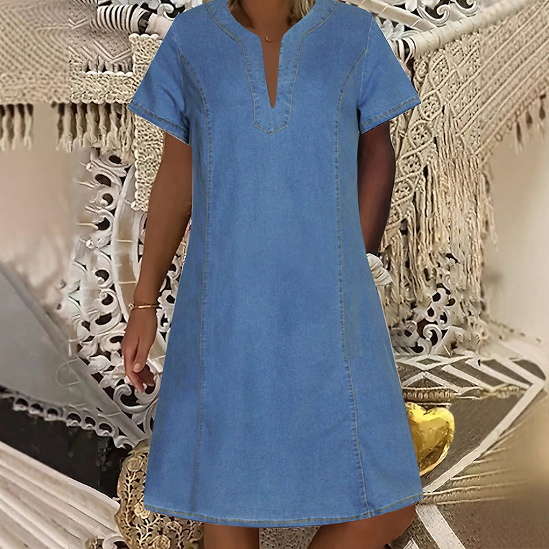 👗✨ OFFRE LIMITÉE -50% ! Robe en Denim pour Femmes – Col en V, Manches Courtes, Coupe Décontractée, Multi Tailles