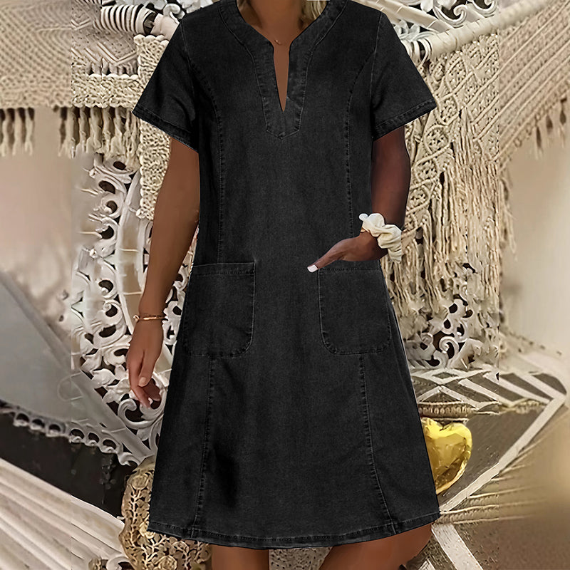 👗✨ OFFRE LIMITÉE -50% ! Robe en Denim pour Femmes – Col en V, Manches Courtes, Coupe Décontractée, Multi Tailles