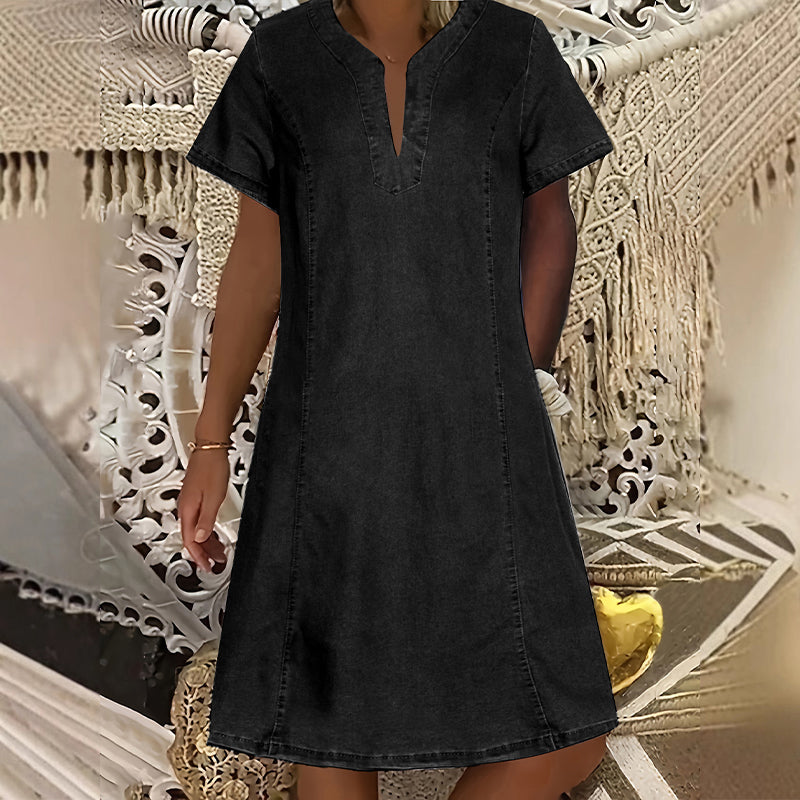 👗✨ OFFRE LIMITÉE -50% ! Robe en Denim pour Femmes – Col en V, Manches Courtes, Coupe Décontractée, Multi Tailles