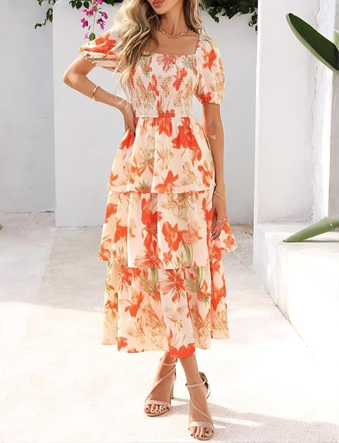 🔥Dernier jour de soldes : 50 % de réduction🔥Robe longue en mousseline à volants et imprimé floral pour femme - Manches courtes et encolure carrée