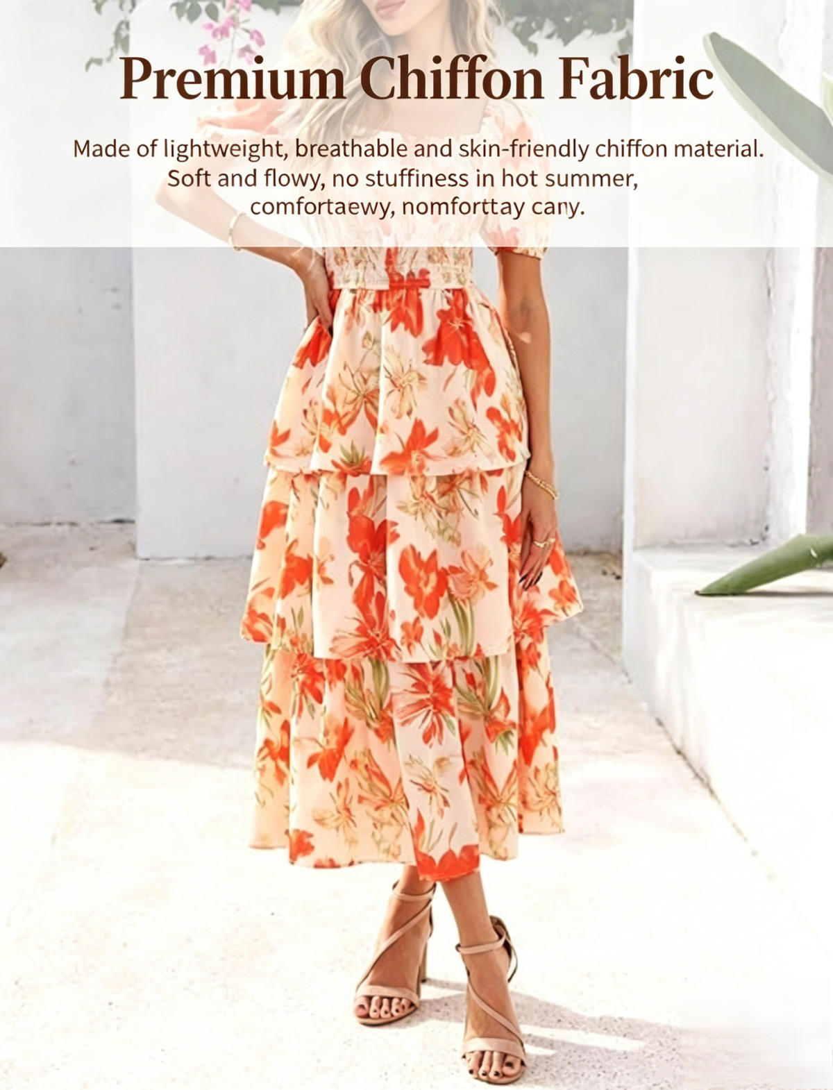 🔥Dernier jour de soldes : 50 % de réduction🔥Robe longue en mousseline à volants et imprimé floral pour femme - Manches courtes et encolure carrée