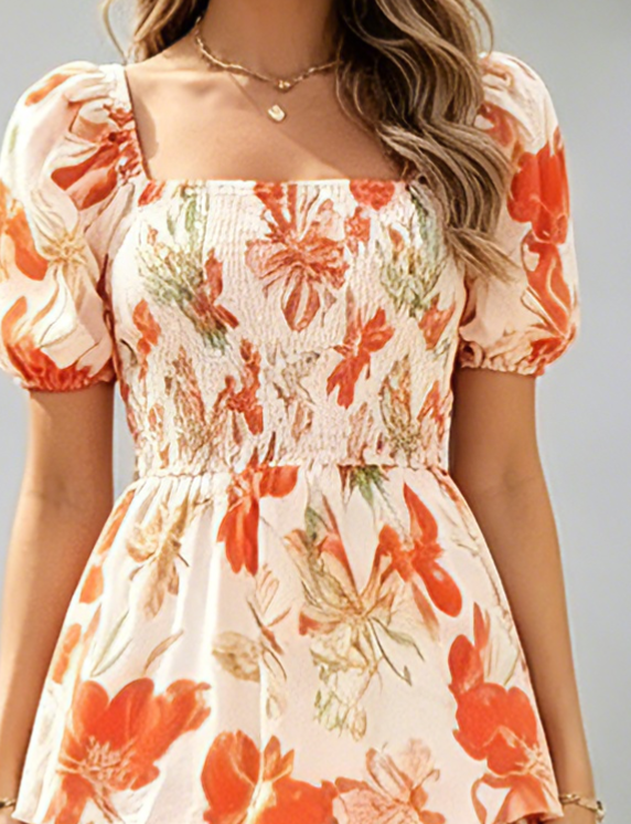 🔥Dernier jour de soldes : 50 % de réduction🔥Robe longue en mousseline à volants et imprimé floral pour femme - Manches courtes et encolure carrée