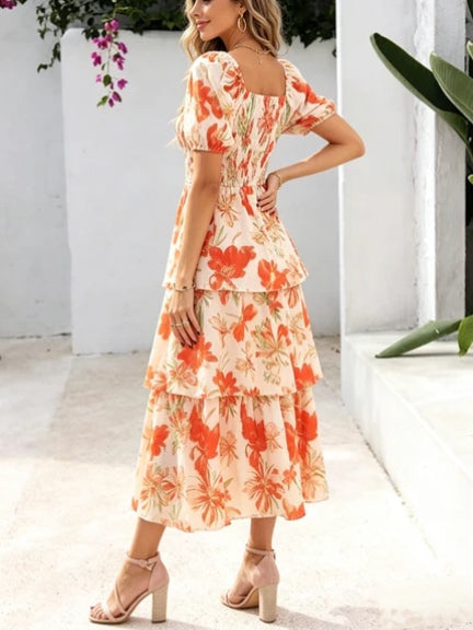 🔥Dernier jour de soldes : 50 % de réduction🔥Robe longue en mousseline à volants et imprimé floral pour femme - Manches courtes et encolure carrée