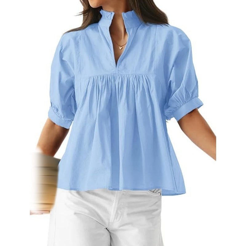 Blouse à col volanté et manches bouffantes pour femme