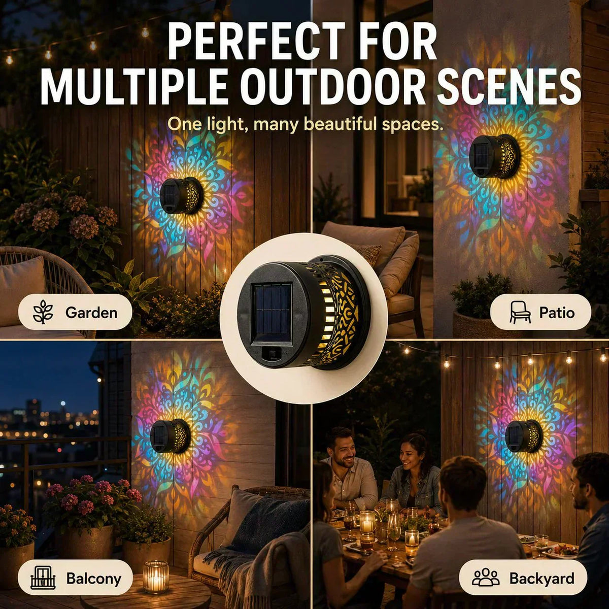 🏆 2 achetés, 1 offert 🎁 Lampe murale solaire Mandala pour extérieur, projecteur de lumière pour clôture de jardin, décoration d'ambiance pour terrasse