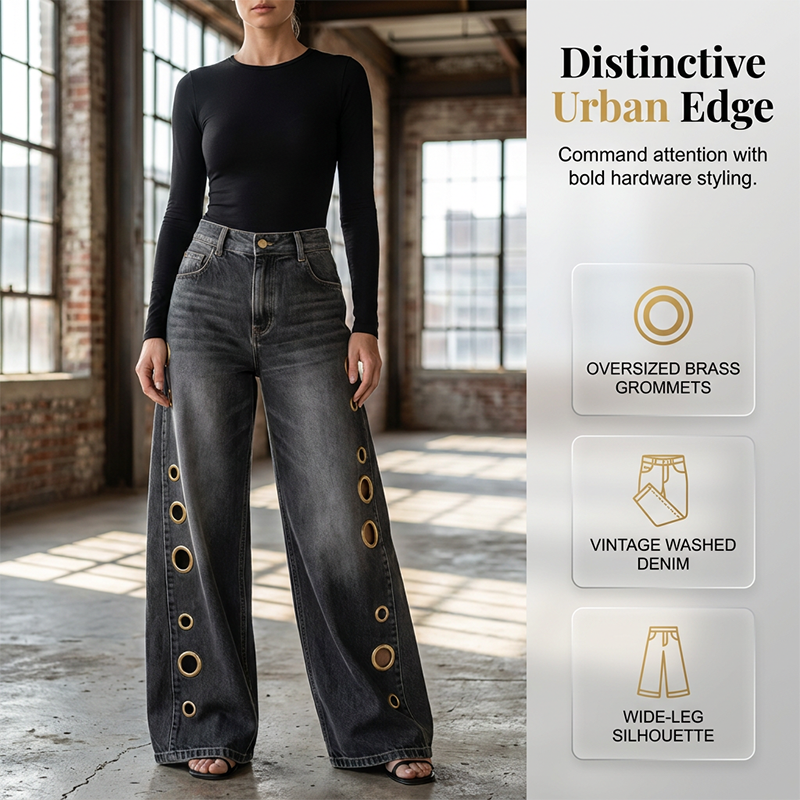 🌸 -50% SUR UNE SÉLECTION ! Jean Femme Œillets Jambes Larges – Doux, Aéré & Tendance avec Ceinture 🔘✨ 【Offre Limitée】
