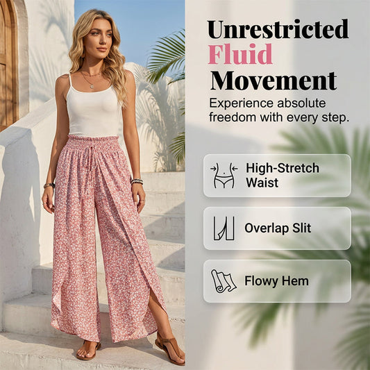 Pantalon large à taille smockée et fente pour femme