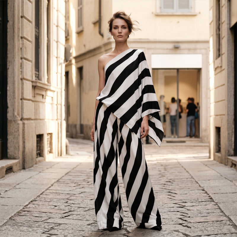 💃 55 % DE RÉDUCTION POUR UNE DURÉE LIMITÉE ! ✨ Ensemble à rayures asymétriques pour femme – Une épaule dénudée, jambes larges, léger 🍂