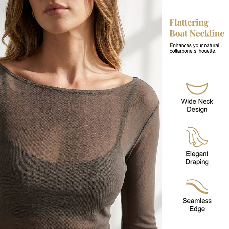 🥇 Nouveauté – 49 % DE RÉDUCTION ! 🌊 Top féminin transparent à manches longues et encolure bateau