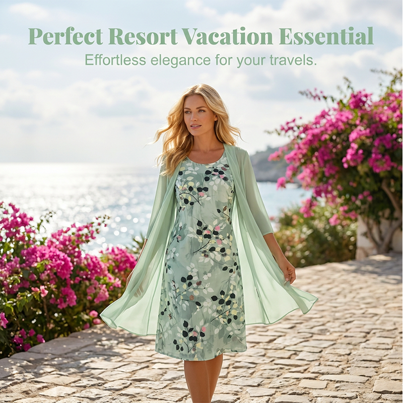 🏆Dernier jour avec 50 % de réduction🔥Élégant ensemble 2 pièces composé d'une robe en mousseline et d'un cardigan pour femme