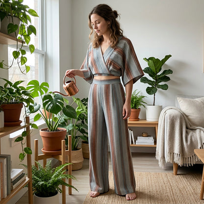 👚 50 % DE RÉDUCTION POUR UNE DURÉE LIMITÉE ! ✨ Ensemble composé d'un haut court rayé et d'un pantalon à jambes larges – Tissu fluide et respirant, style vacances 🏖️