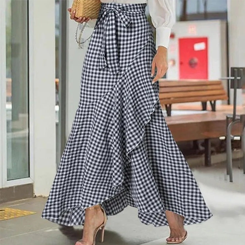 Jupe longue asymétrique à volants et taille haute pour femme