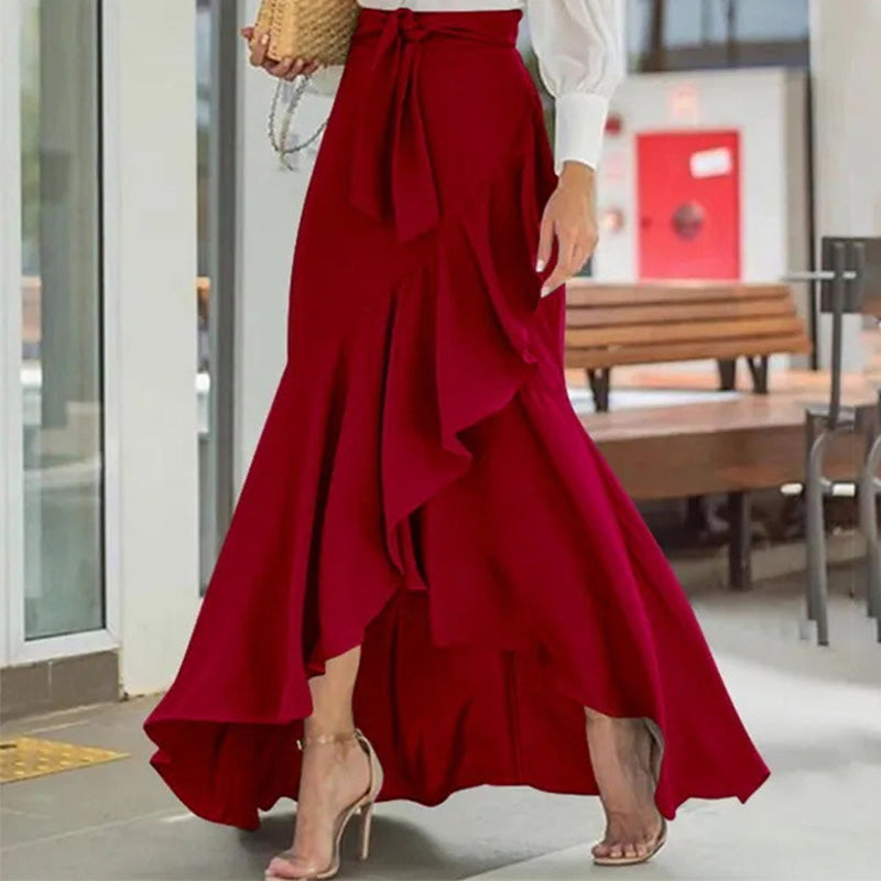 Jupe longue asymétrique à volants et taille haute pour femme