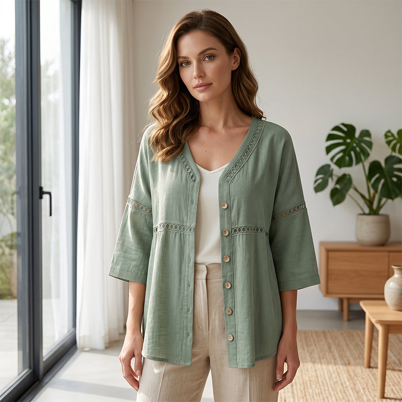 Chemisier pour femme à col en V, bordé de dentelle et boutonné