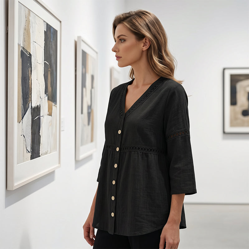 Chemisier pour femme à col en V, bordé de dentelle et boutonné