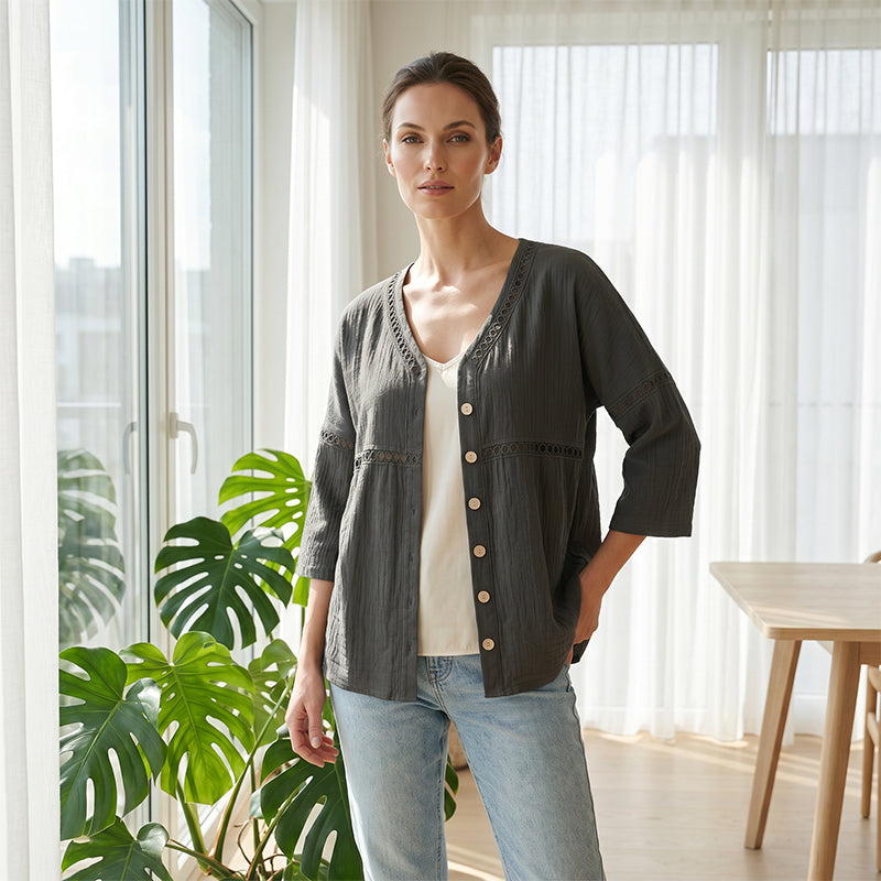 Chemisier pour femme à col en V, bordé de dentelle et boutonné
