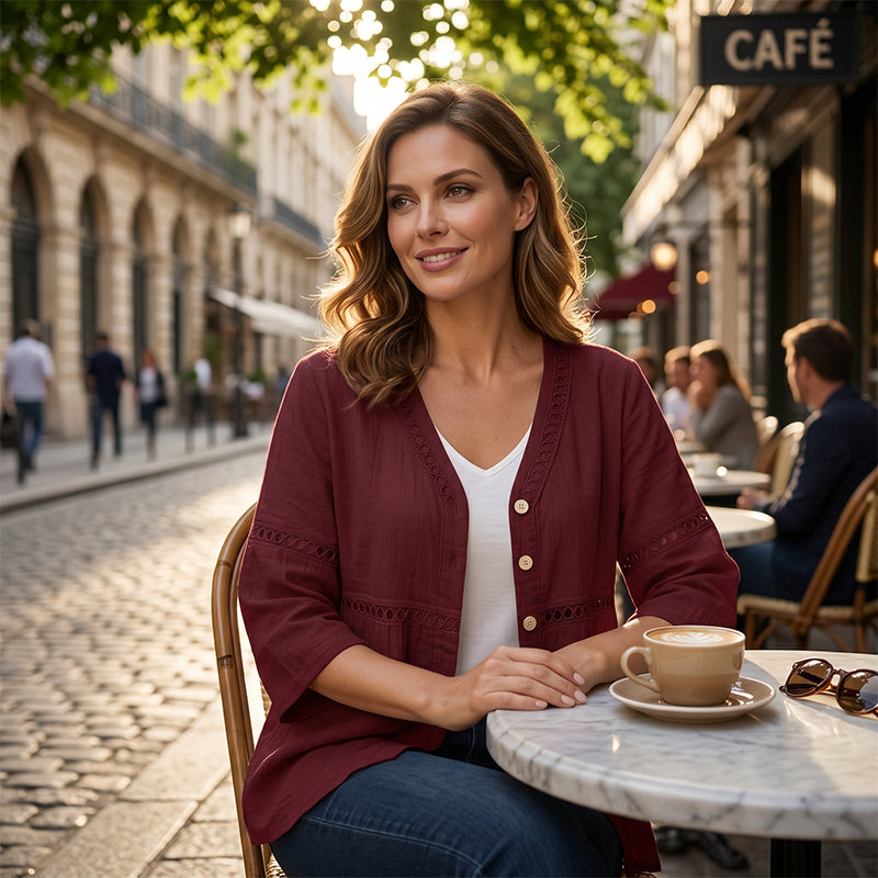 Chemisier pour femme à col en V, bordé de dentelle et boutonné